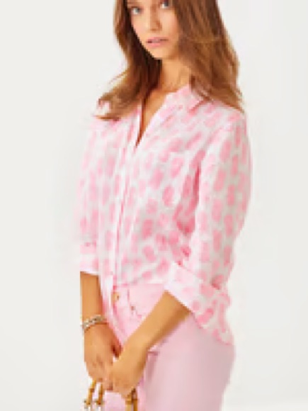 Lilly Pulitzer Sea View 100% Linen Button Down Shirt In Rousseau Pink Pineaaple